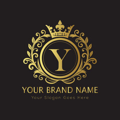 Letter Luxury brand logo design with a royal gold crown emblem and elegant typography
