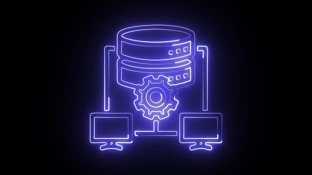 glowing neon database management icon isolated on black background. HD video motion graphic animation