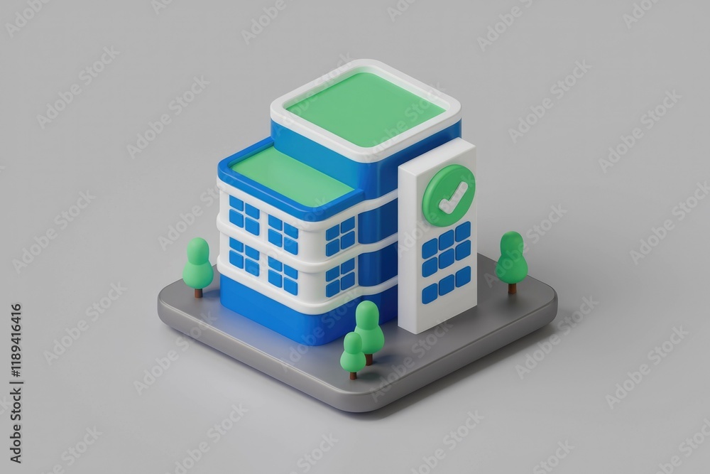 Poster A 3D rendering of a modern office building with a green roof and a checkmark, symbolizing approval and success.