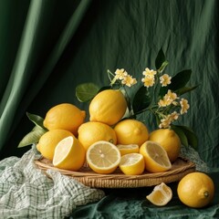 still life of fresh yellow lemons in a basket with flowers
