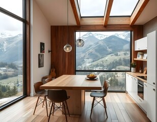 dining room with table in a loft in a skyscraper with view of mountains