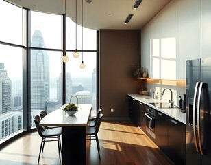 dining room with table in a loft in a skyscraper with view of the city