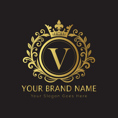Letter Luxury brand logo design with a royal gold crown emblem and elegant typography
