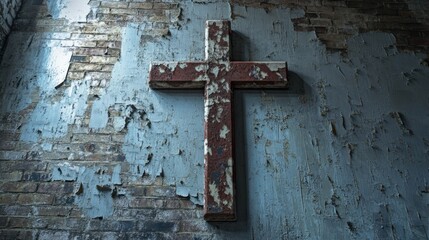 a weathered cross against a chipped paint wall