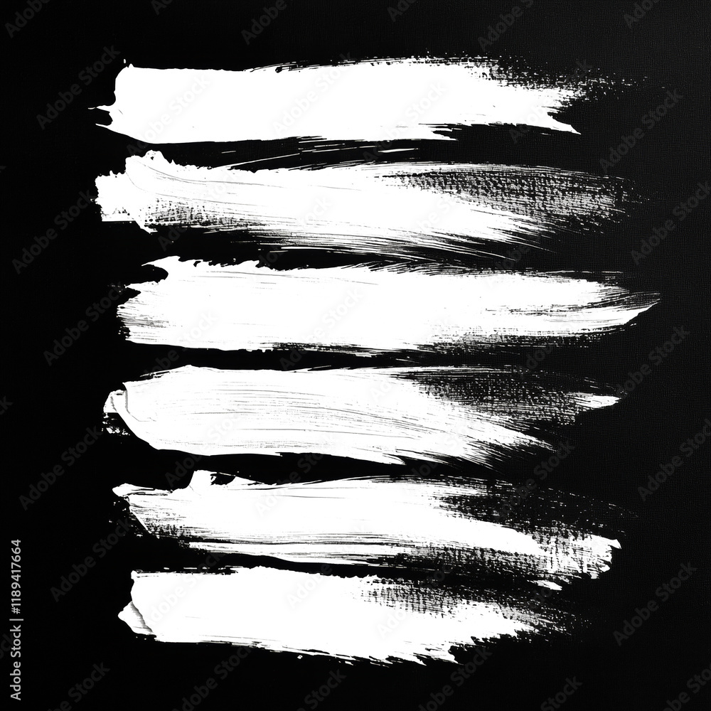 Poster the image shows six horizontal brushstrokes of black and white paint creating an abstract design aga