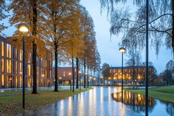 Illuminated campus pathway, autumn evening