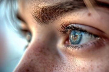 Obraz premium A detailed view of a human eye with blue iris and white pupil