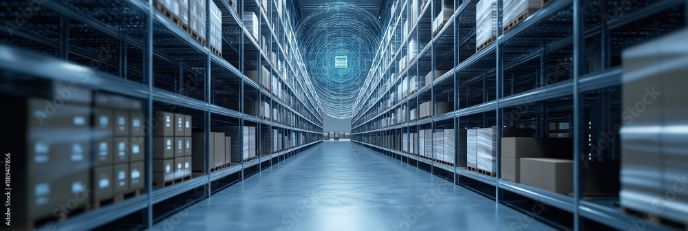 Poster modern smart logistics warehouse shows global inventory management. holographic data control system 