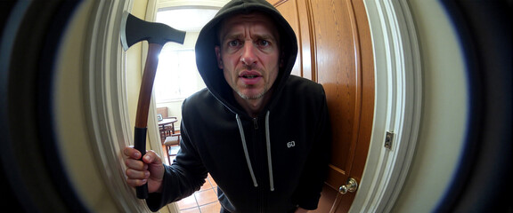 Generated image. A hidden camera shot. Axe assailant at the front door.