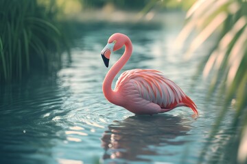 Fototapeta premium Flamingo Wading Through a Shallow Lagoon