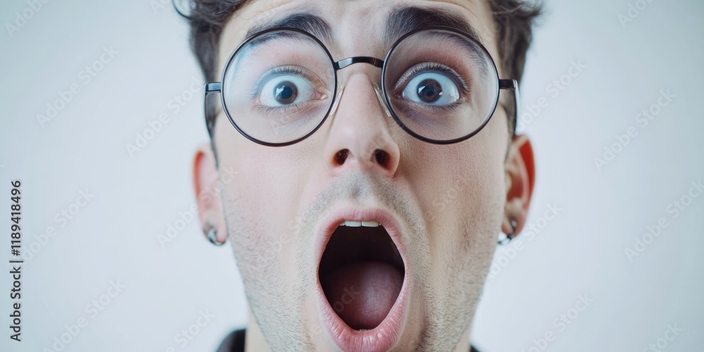 Poster a person with an expression of surprise and shock, often used for conveying unexpected news or react