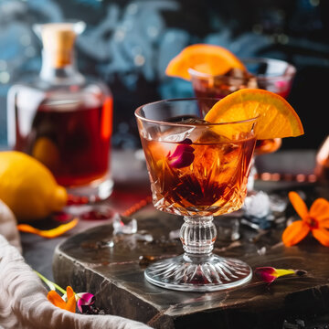 Old Fashioned cocktail with orange slice garnish