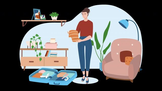 A woman of European descent organizing her belongings while packing a suitcase in a cozy living room.