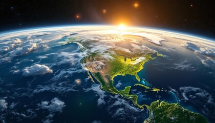 Sunrise over North America seen from space showcasing Earth,s curvature and atmospheric glow