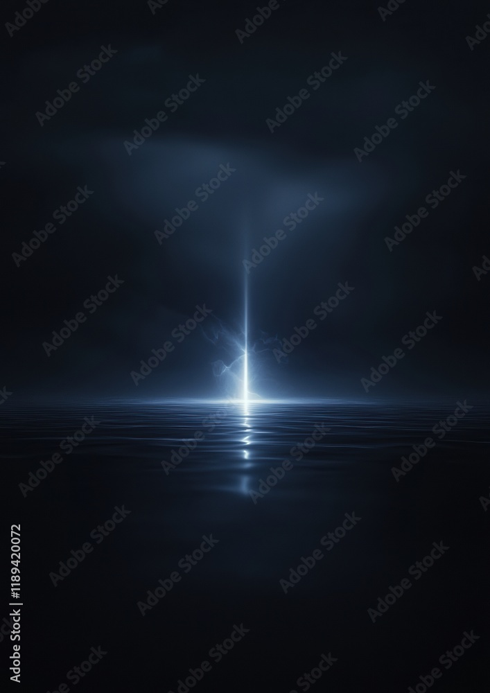 Poster dark and moody scene with a single light shining through the water. the light is in the center of th