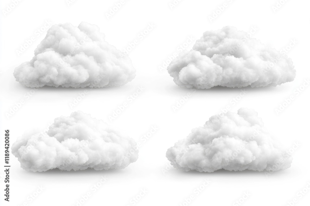 Poster a set of four white clouds on a white background, ideal for use in designs where simplicity is key