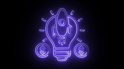 glowing neon startup business icon isolated on black background. HD video motion graphic animation