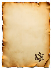 A blank sheet of vintage paper with a six-pointed star in the corner with slightly charred edges, isolated on a white background.