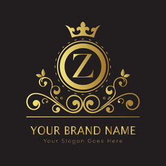 Letter Luxury brand logo design with a royal gold crown emblem and elegant typography
