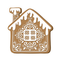 Gingerbread house holiday cookie. Flat vector illustration in brown and white colors