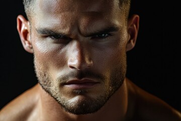 Fototapeta premium Close-up portrait of a male with a serious facial expression, suitable for editorial or commercial use