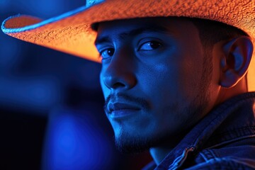 A person wearing a cowboy hat sits in a dimly lit space, possibly a bar or a nightclub
