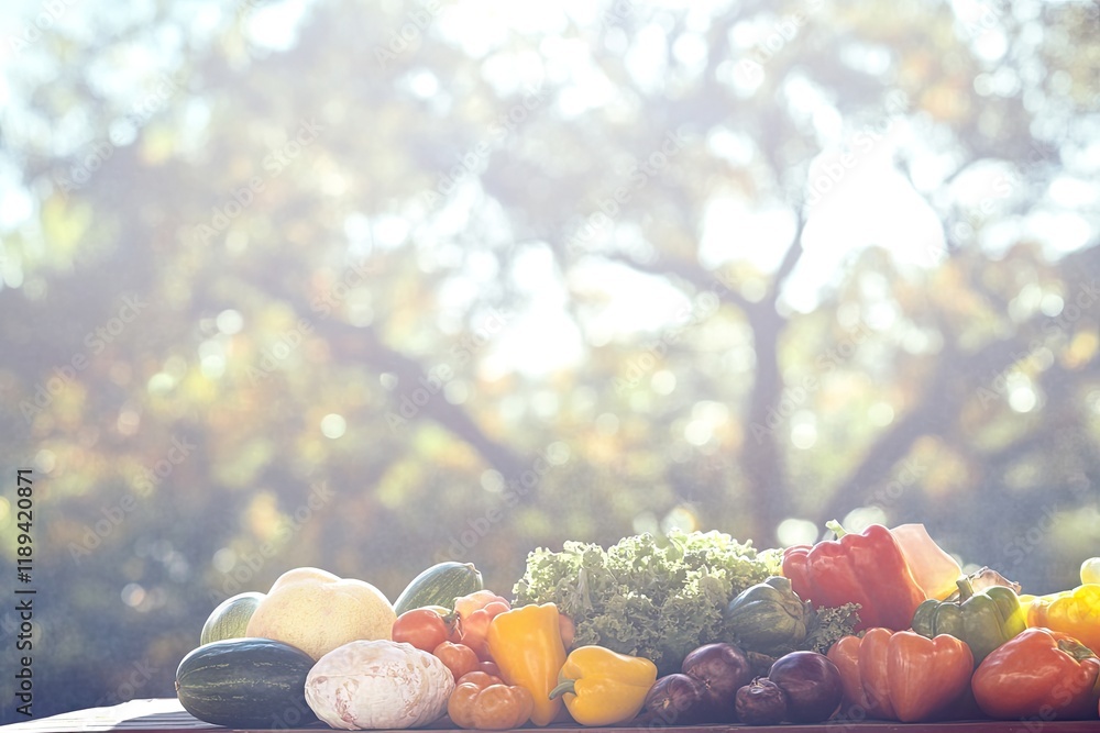 Poster colorful assortment of fresh produce displayed on market table under soft sunlight with blurred tree