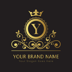 Letter Luxury brand logo design with a royal gold crown emblem and elegant typography
