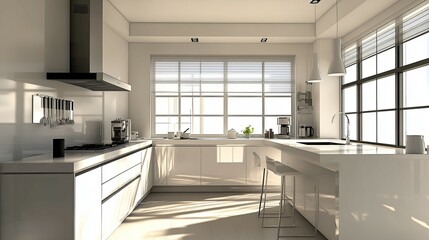 Modern White Kitchen: Sunlit Elegance and Minimalist Design
