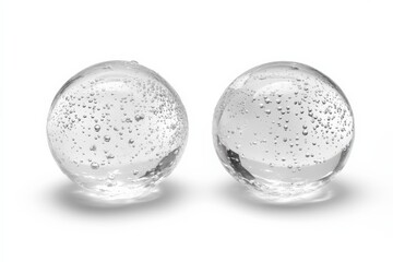 two clear glass balls with air bubbles against a white background