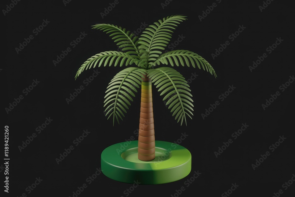 Poster stylized 3d render of a single palm tree on a green base, isolated on transparent background.