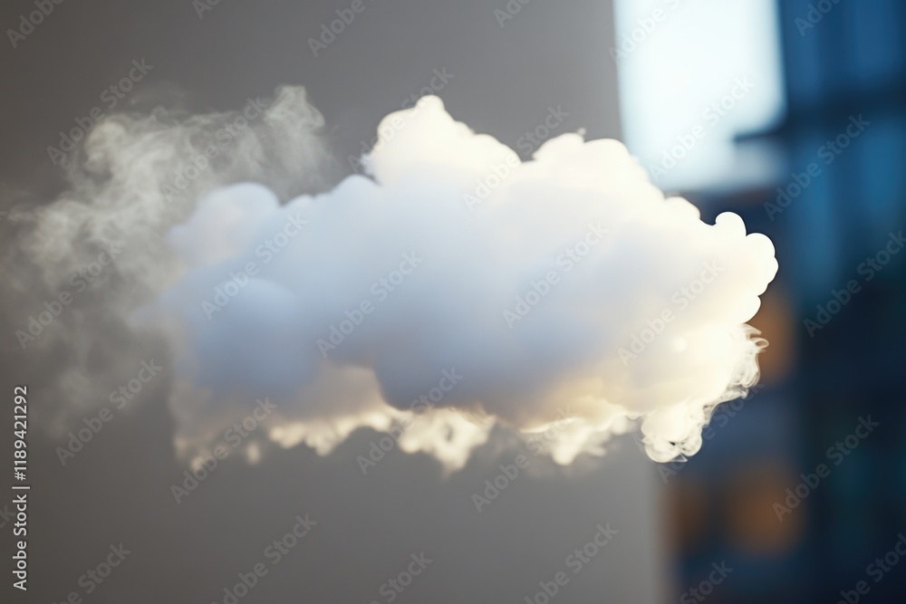 Poster a white cloud floating in the air with a building in the background