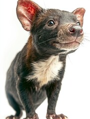 Obraz premium Serious Tasmanian Devil showcasing dark fur and white stripes in minimalist portrait