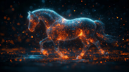 Digital Horse: Glowing Abstract Equine Artwork. Mystical Night Scene with Sparkling Energy and Graceful Movement.