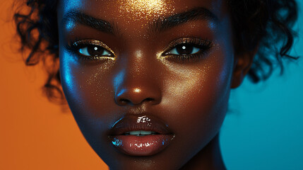 Close-up portrait of a glamorous woman with golden glitter makeup.  Her beauty shines in this elegant fashion shot.