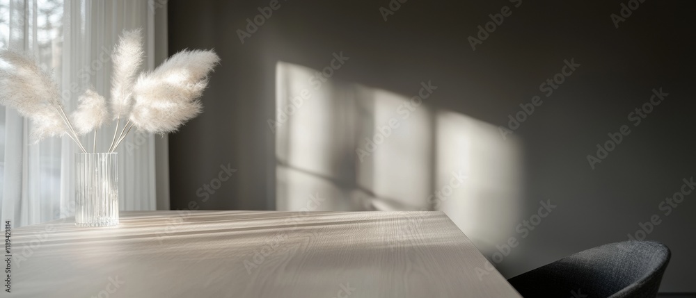 Poster wooden table with a vase of white pampas grass on it. the vase is made of clear glass and is placed 