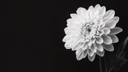 Monochrome Elegance: A solitary white chrysanthemum, with intricate petals, blooms against a stark black background, creating a timeless and elegant image.