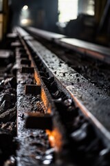A close-up view of a train track with a train visible in the background, great for use in illustrations about transportation or infrastructure