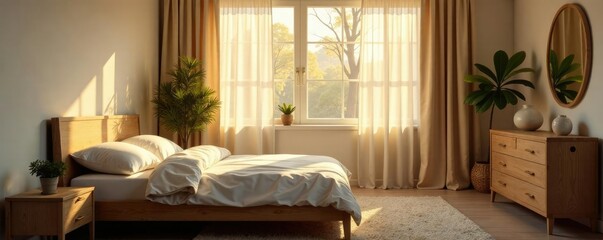 Soft morning light filters through the windows, illuminating a peaceful bedroom scene, wooden furniture, tree branches, minimalism