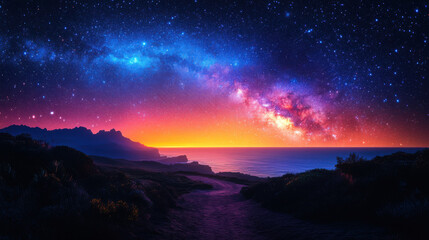 Naklejka premium A stunning night sky with the Milky Way galaxy arching over a coastal landscape at sunset, creating a breathtaking blend of colors and celestial beauty