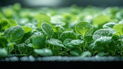 Close-up of vibrant green seedlings with water droplets, showcasing healthy growth and freshness.