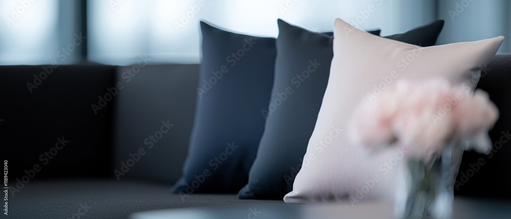 Poster close-up of three throw pillows on a black couch. the pillows are arranged in a row, with the larges