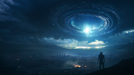A lone figure watches a futuristic spaceship descend over a sprawling city at night. The scene is dark and mysterious, with a sense of wonder and anticipation.