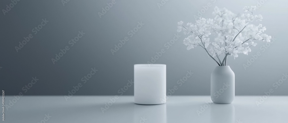 Poster two white vases on a grey surface. the vase on the left is tall and cylindrical in shape, while the 