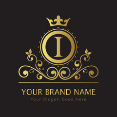 Letter Luxury brand logo design with a royal gold crown emblem and elegant typography

