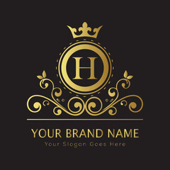 Letter Luxury brand logo design with a royal gold crown emblem and elegant typography
