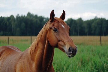 Obraz premium Serene Moment of a Mare with Her Foal Grazing in a Lush Green Pasture: A Glimpse into the Equine World