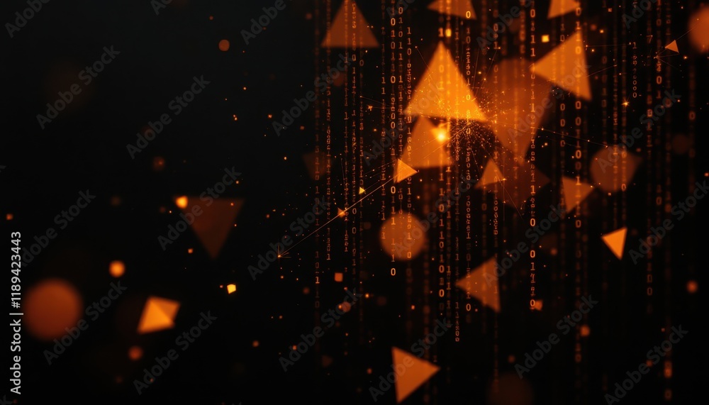 Poster abstract orange geometric shapes and binary code on dark background