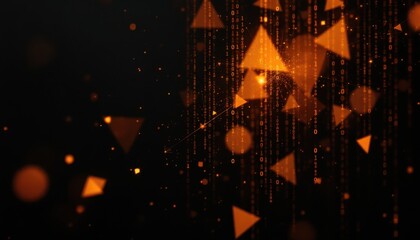 Naklejka premium Abstract orange geometric shapes and binary code on dark background