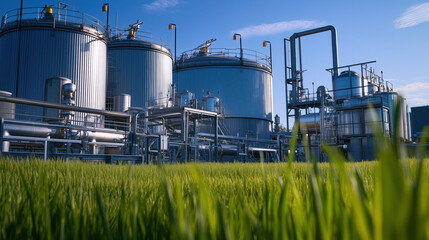 Biofuel Production Facility with Large Tanks and Processing Equipment Set Against Energy Market Graphs Showing Rising Demand and Pricing Trends for Biofuels in the Global Energy Market